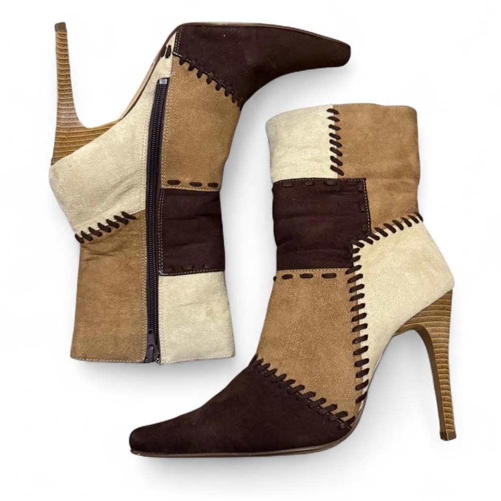 Patchwork Suede Ankle Booties in Brown and Cream